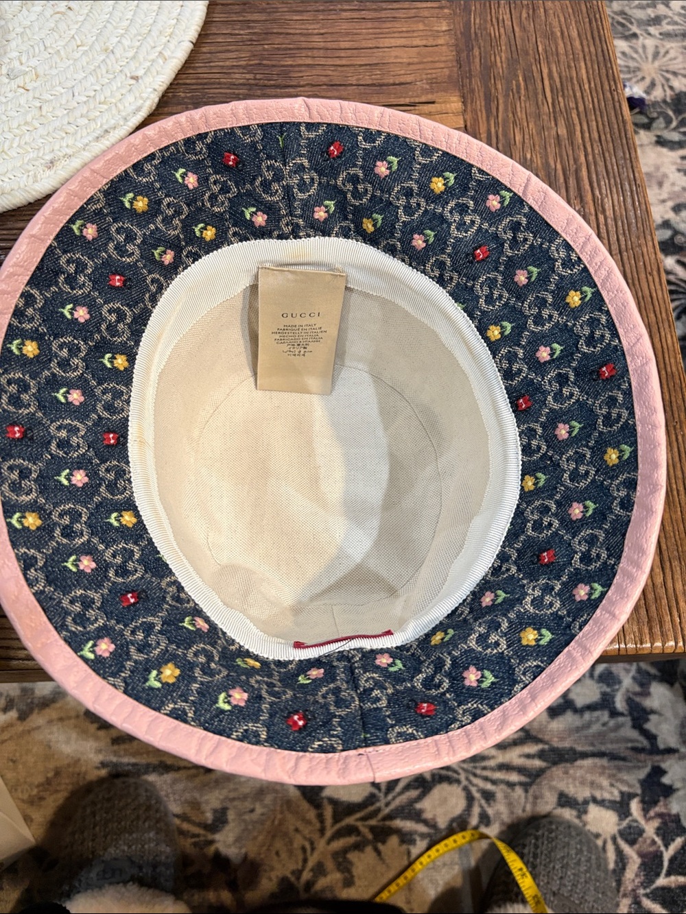 Gucci Women’s Denim Bucket Hat with Multicolor Floral Embroidery and Pink Trim - Picture 3 of 10